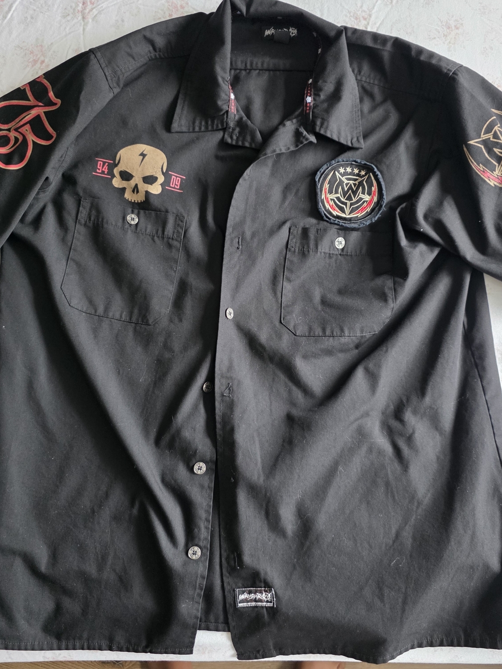 Mishka Black Button-Up Shirt with Red & Gold Skull Patch
